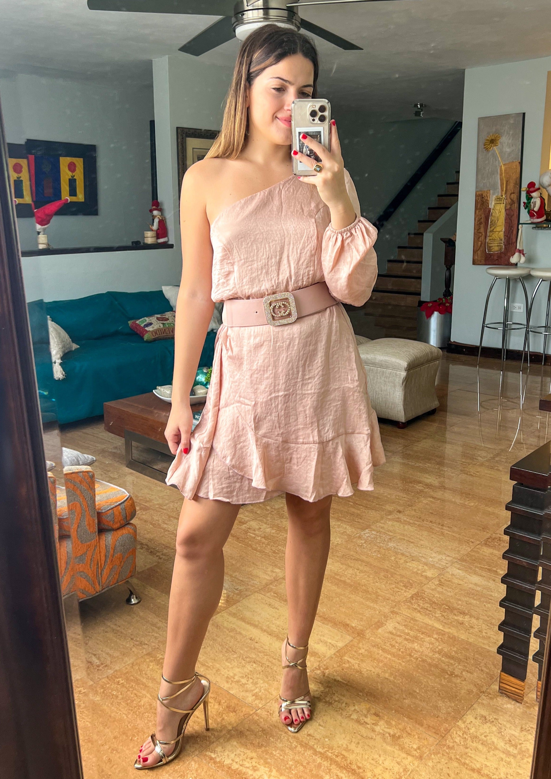 Blush one shoulder short dress with a faux wrap around skirt.