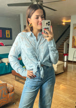 Load image into Gallery viewer, Baby blue button up sheer long sleeve blouse.
