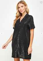 Load image into Gallery viewer, Black sequins shirt dress.
