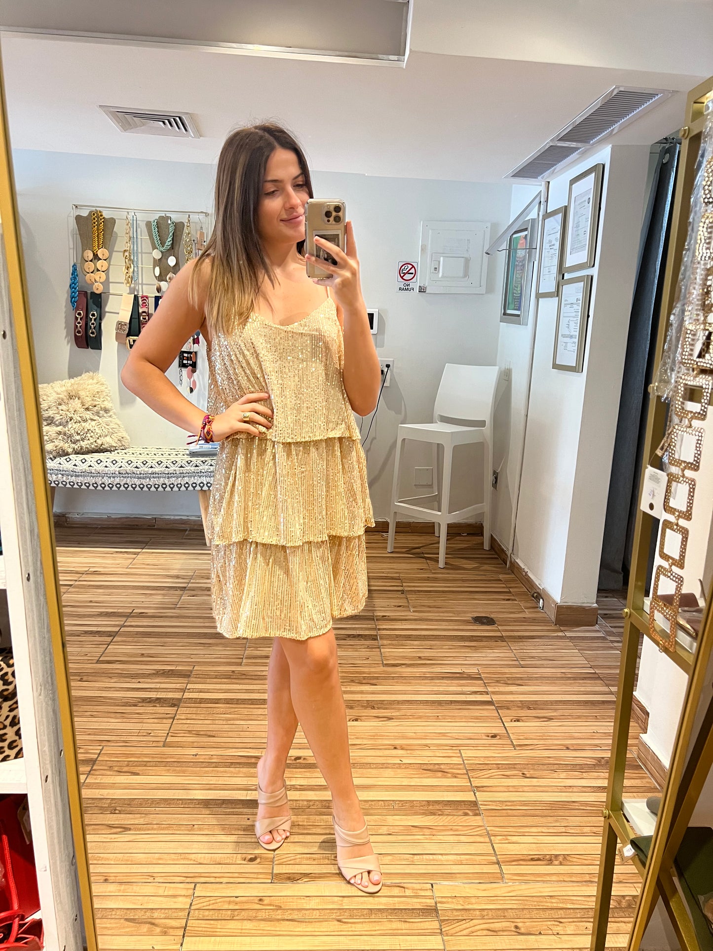 “Lola” Gold Tiered Short Dress