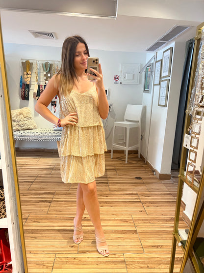 “Lola” Gold Tiered Short Dress